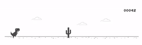 The monochrome Chrome dinosaur running across a desert and jumping over a cactus on the offline page.