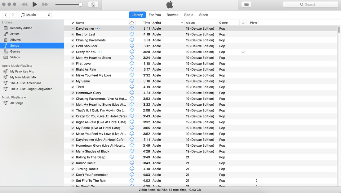 A classic iTunes library view with songs organized by album, artist, genre, time, and plays.