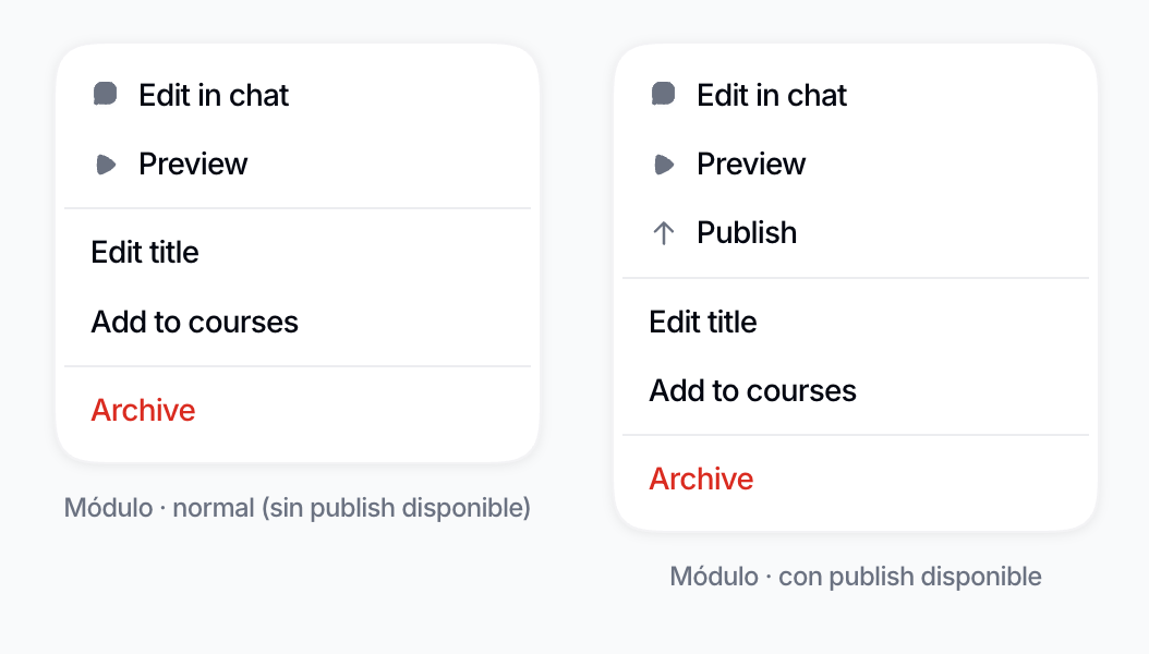Two final Vidext module menus. Both show Edit in chat and Preview with icons, then Edit title and Add to courses without icons, then Archive in red. The second menu also shows Publish with an upward-arrow icon.
