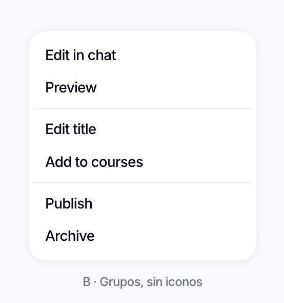 A sketch of the Vidext module menu grouped with separators and no icons. Edit in chat and Preview form the first group, Edit title and Add to courses the second, and Publish and Archive the third.