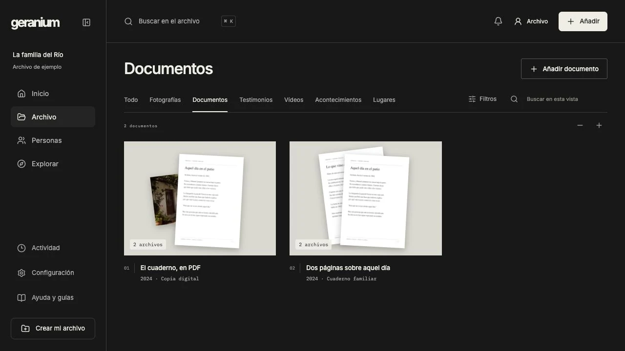 Geranium’s document collection with previews of a PDF notebook and a two-page document