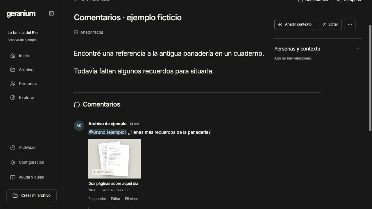 Comments in Geranium showing a mention and a linked document with two files